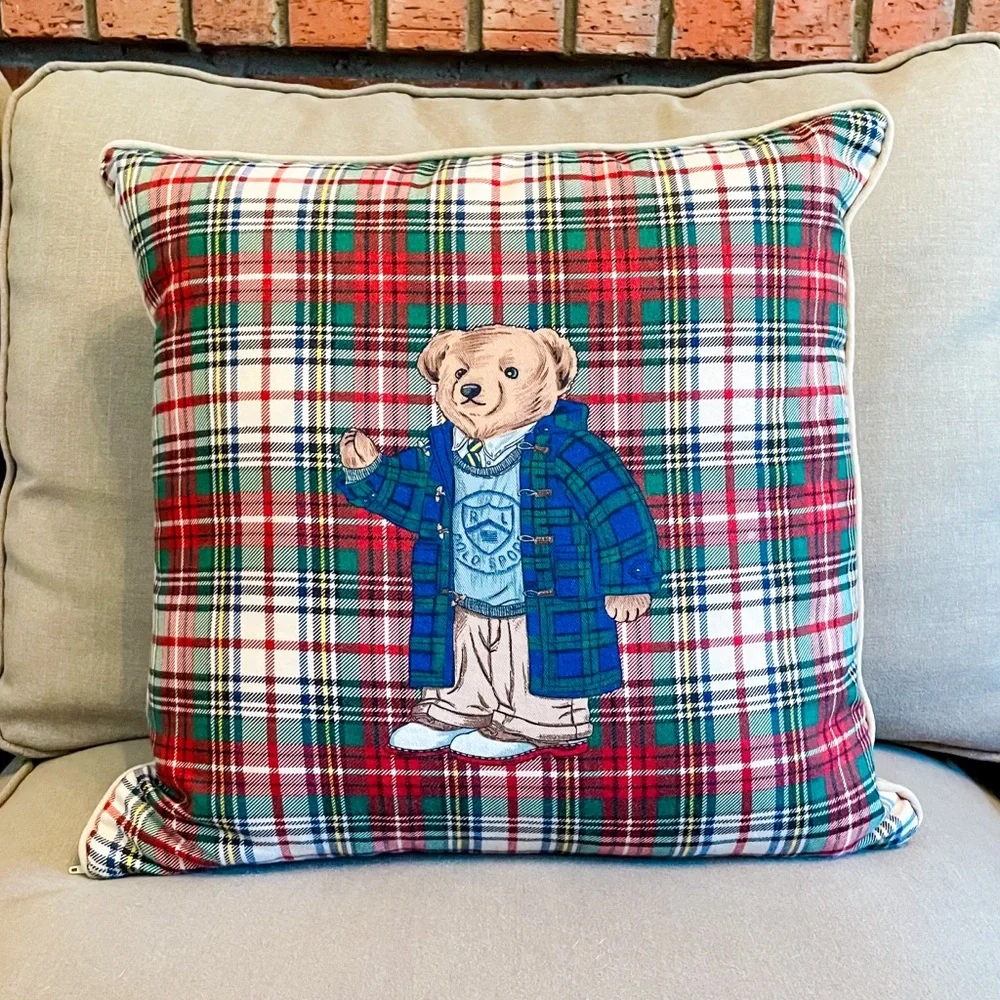 Ralph Lauren Polo Bear Pillow Red White‎ Green Blue Plaid Size 18”x18” Preppy